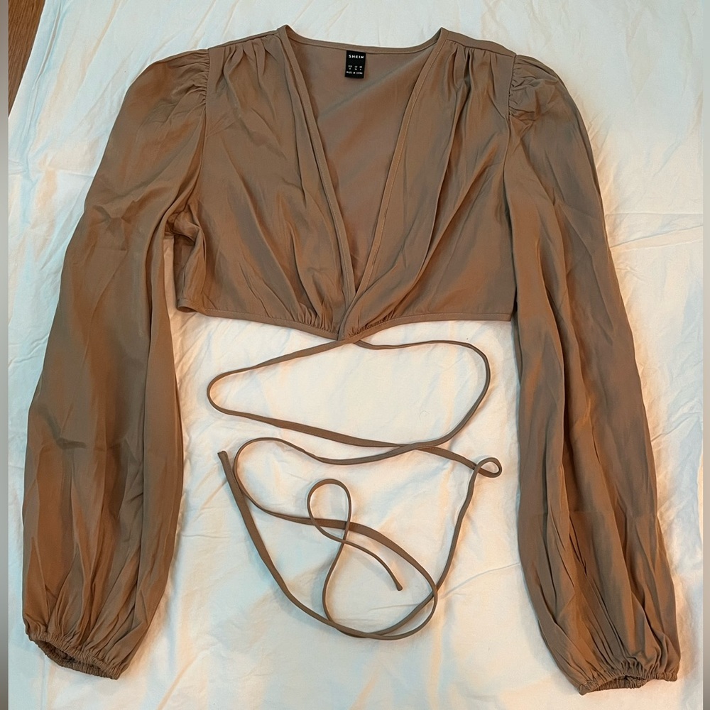 Tan shein long sleeve blouse with tie